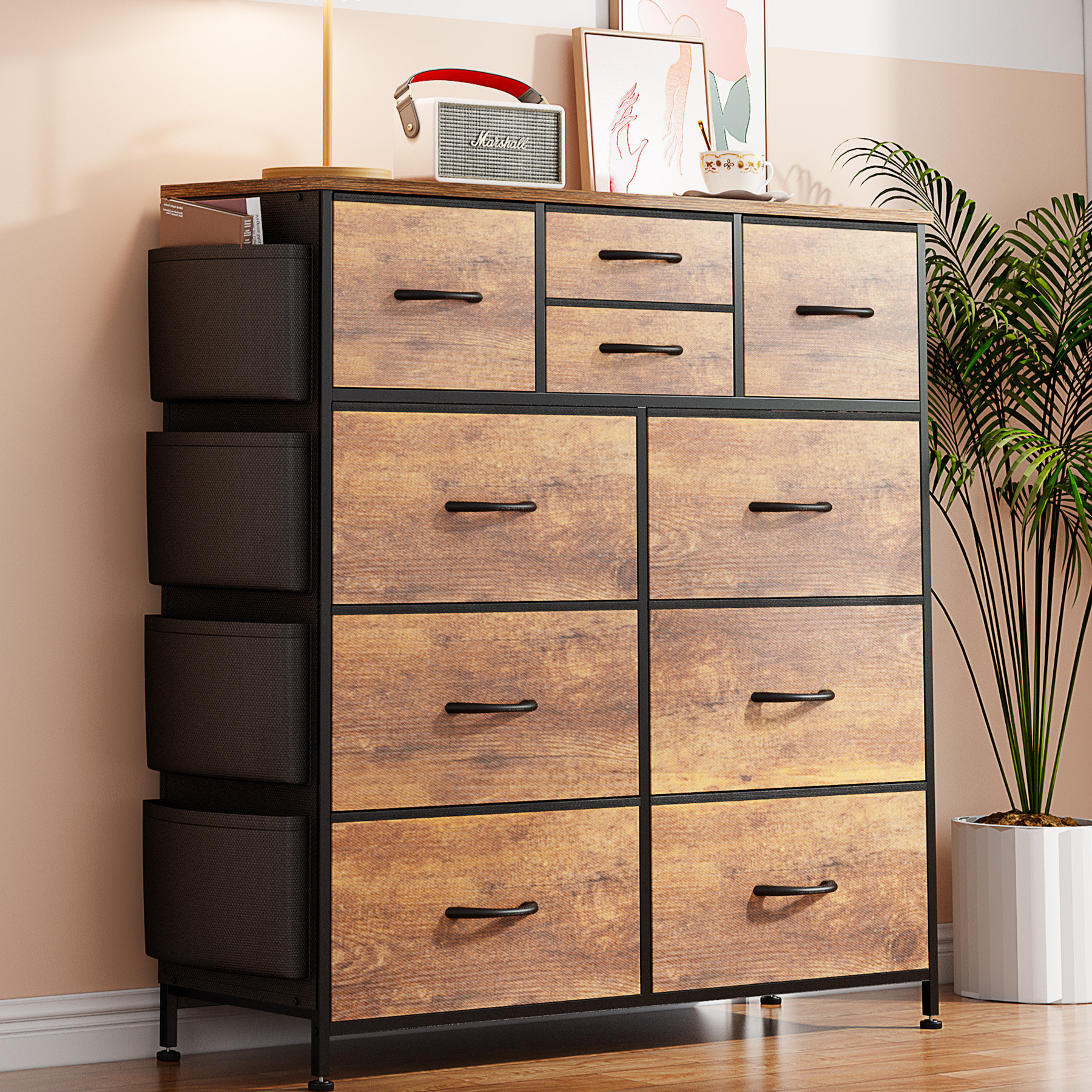 Sienna Marie 10 Drawer Dresser Chest of Drawers for Bedroom with 4 Side Pockets and 2 Hooks 17 Stories Color Brown